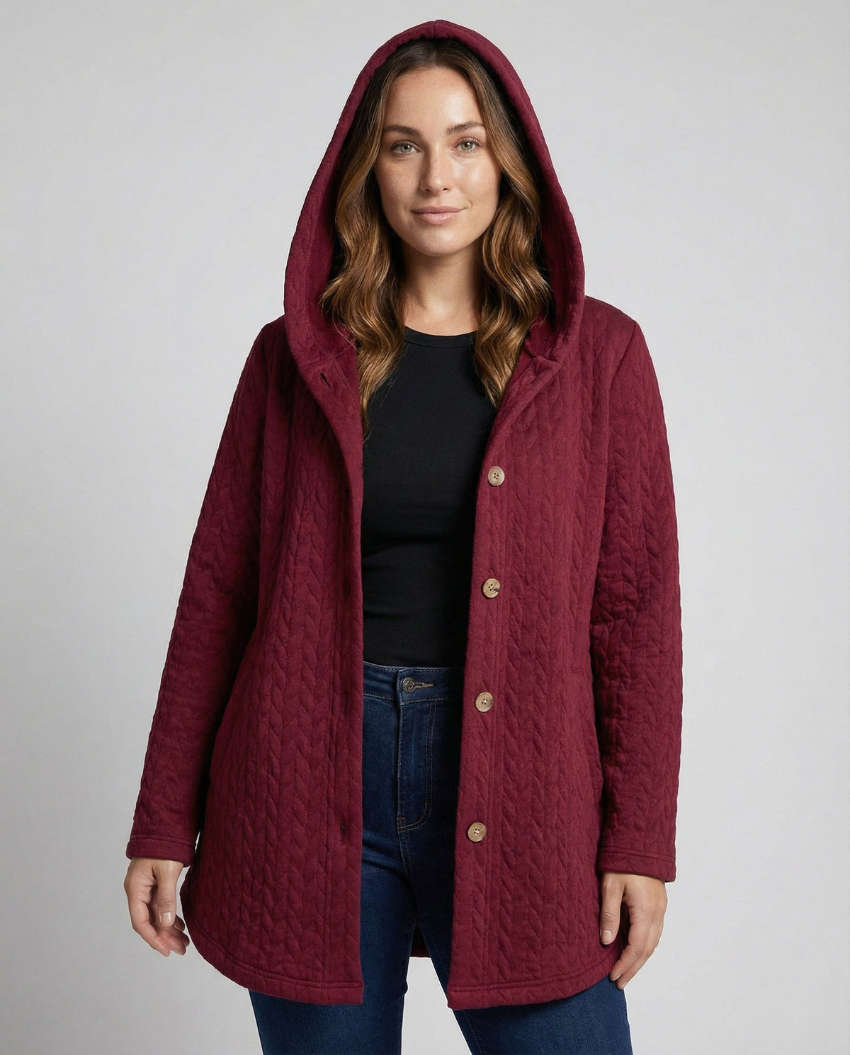 Women's Textured Hooded Winter Jacket in Burgundy
