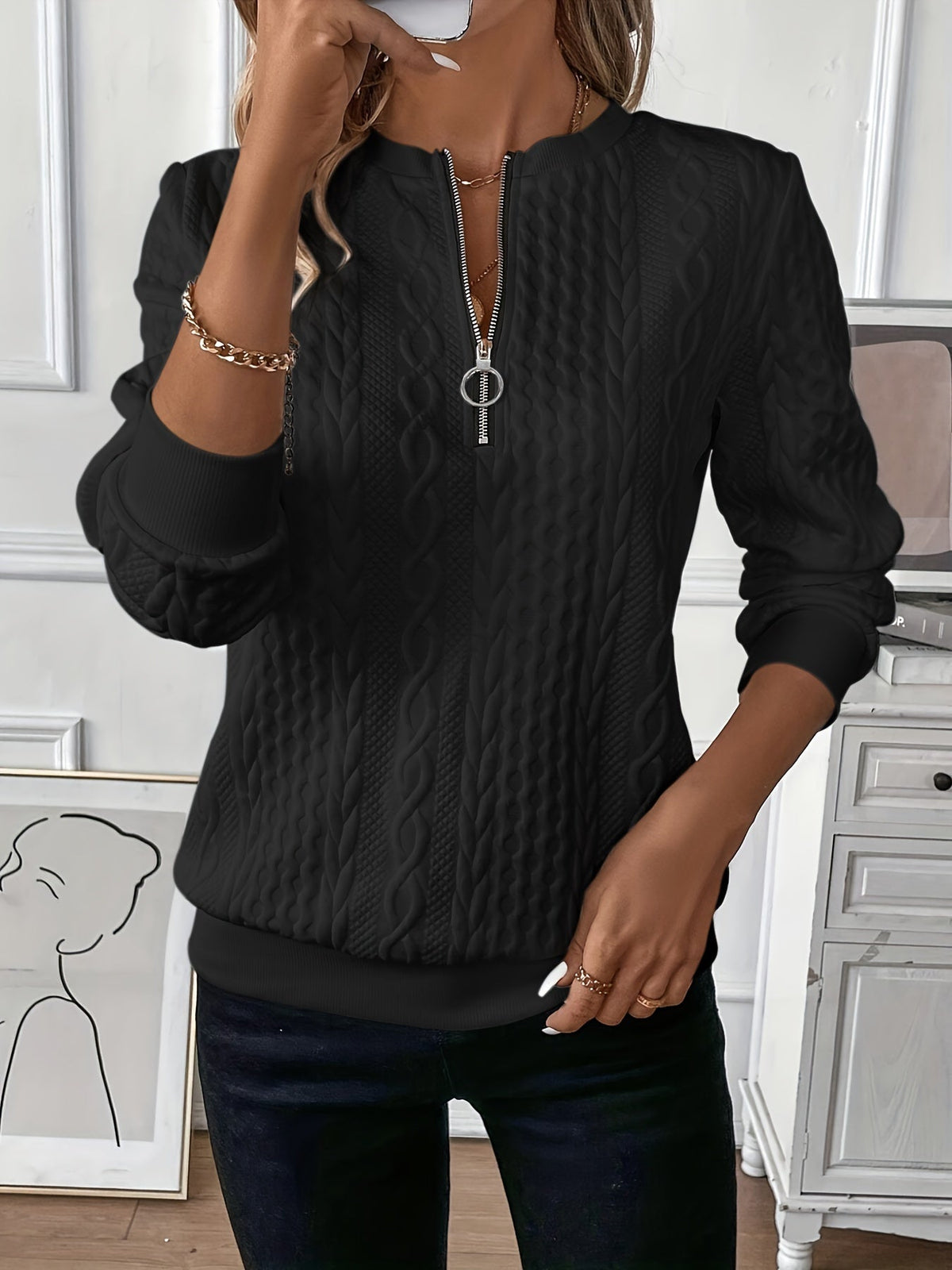 Women's Textured Quarter Zip Sweater in Black