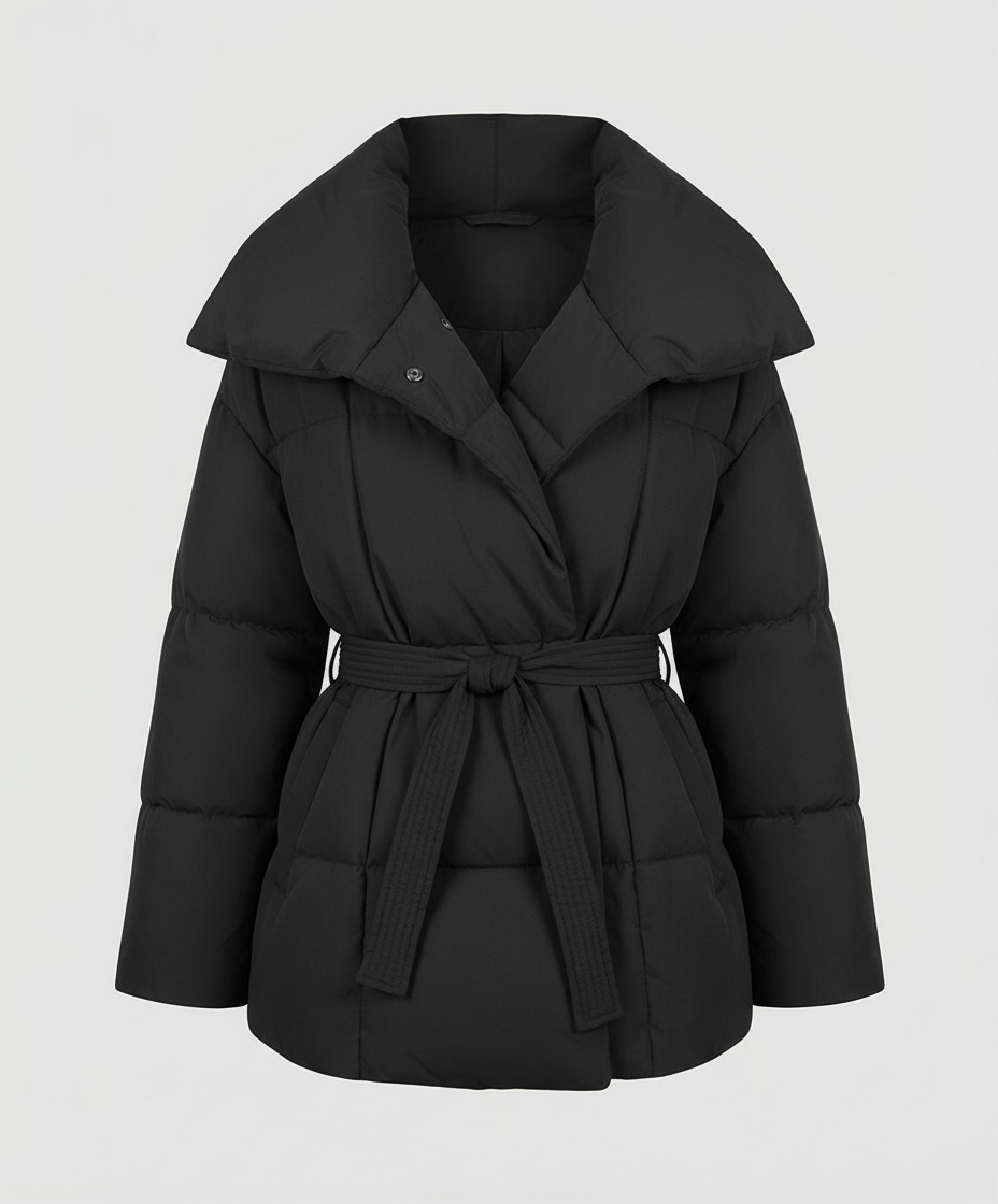 Women's Tie Waist Puffer Winter Jacket in Black