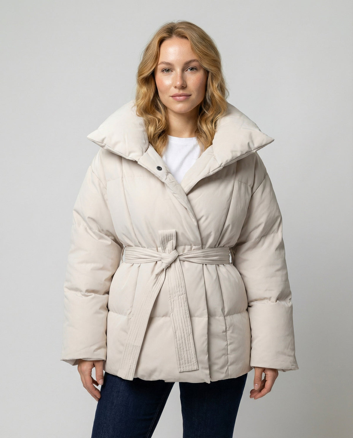 Women's Tie Waist Puffer Winter Jacket in Cream