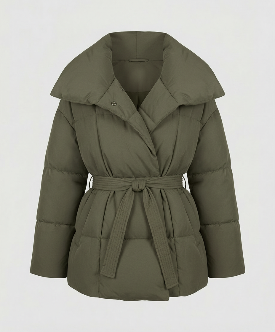 Women's Tie Waist Puffer Winter Jacket in Olive Green