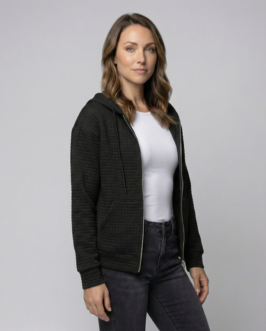 Women's Waffle Knit Zip Hoodie in Black