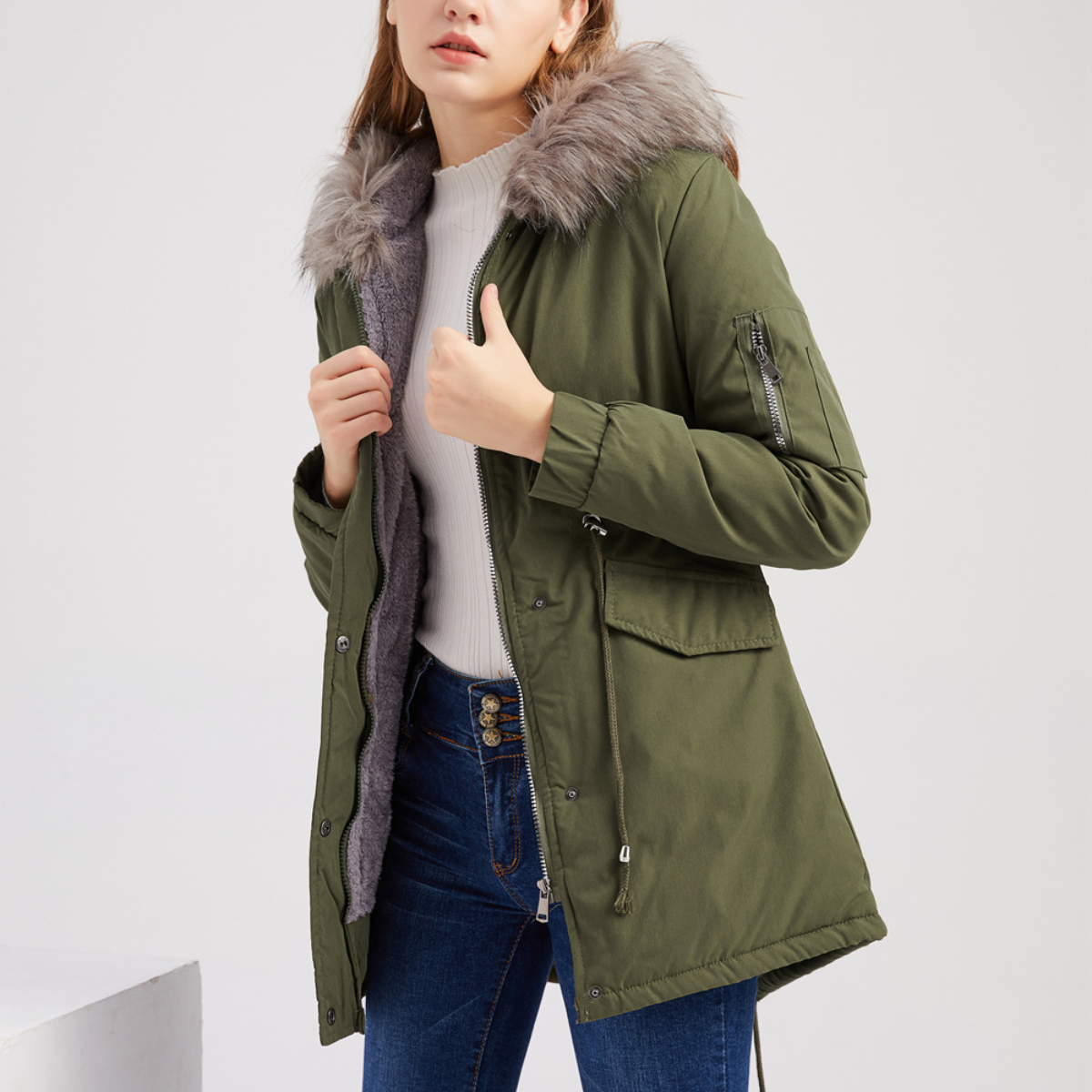 Women's Warm Velvet Trimmed Hooded Parka