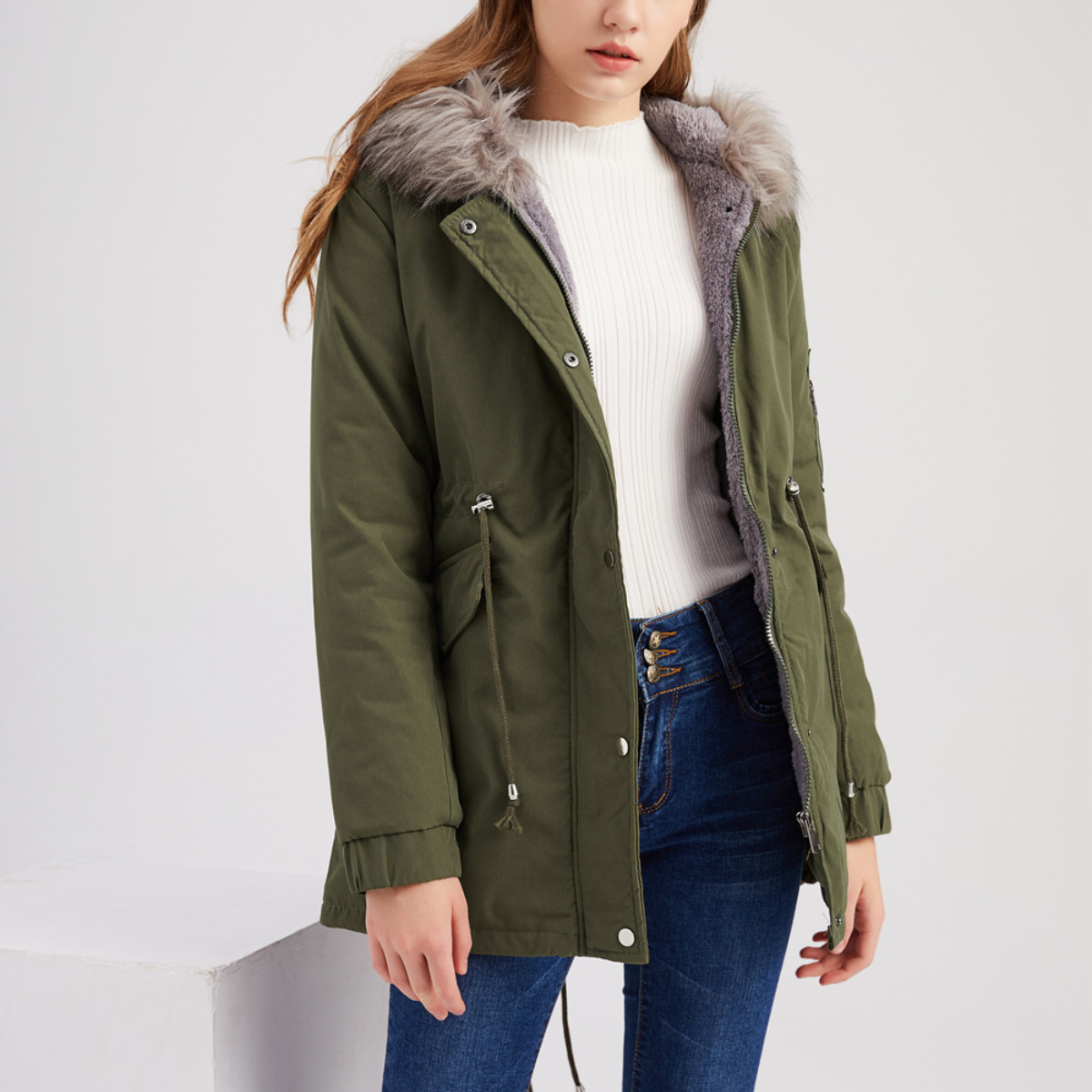 Women's Warm Velvet Trimmed Hooded Parka