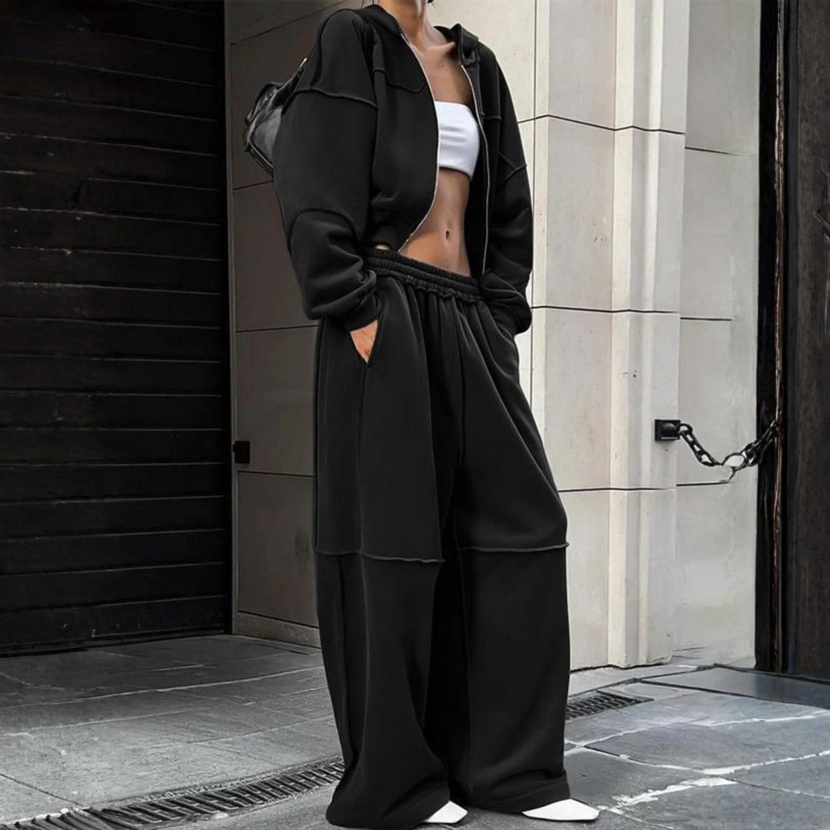 Women's Zip Hoodie & Joggers Set in Black