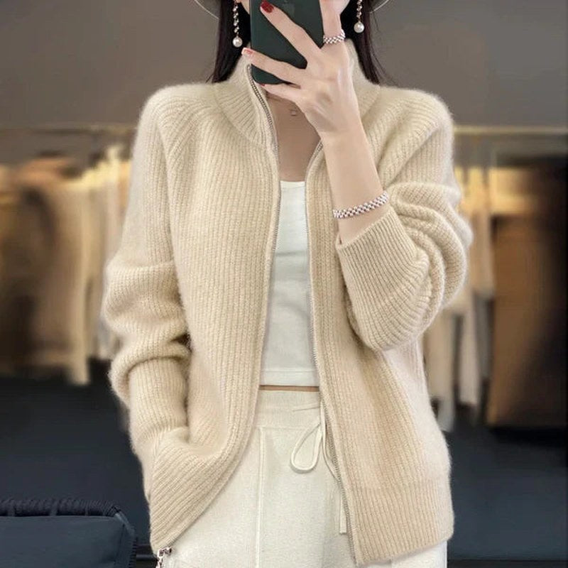 Women's Zip Up Knit Cardigan in Beige