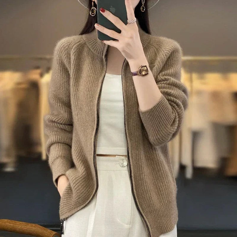 Women's Zip Up Knit Cardigan in Brown