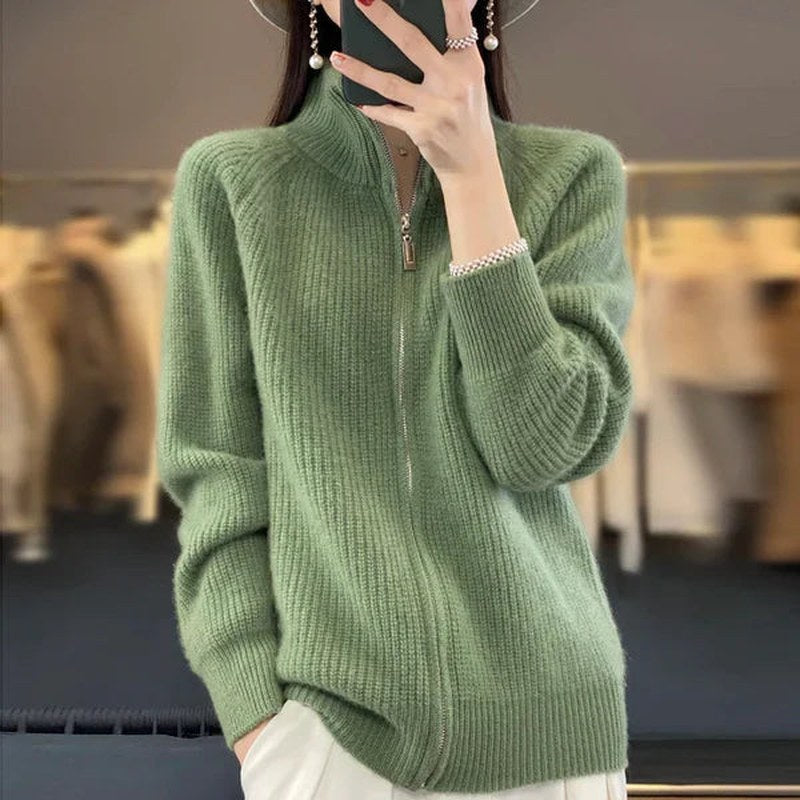 Women's Zip Up Knit Cardigan in Green