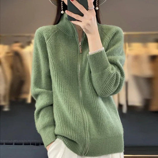 Women's Zip Up Knit Cardigan in Green
