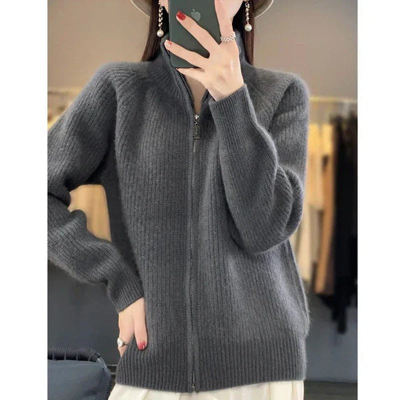 Women's Zip Up Knit Cardigan in Grey