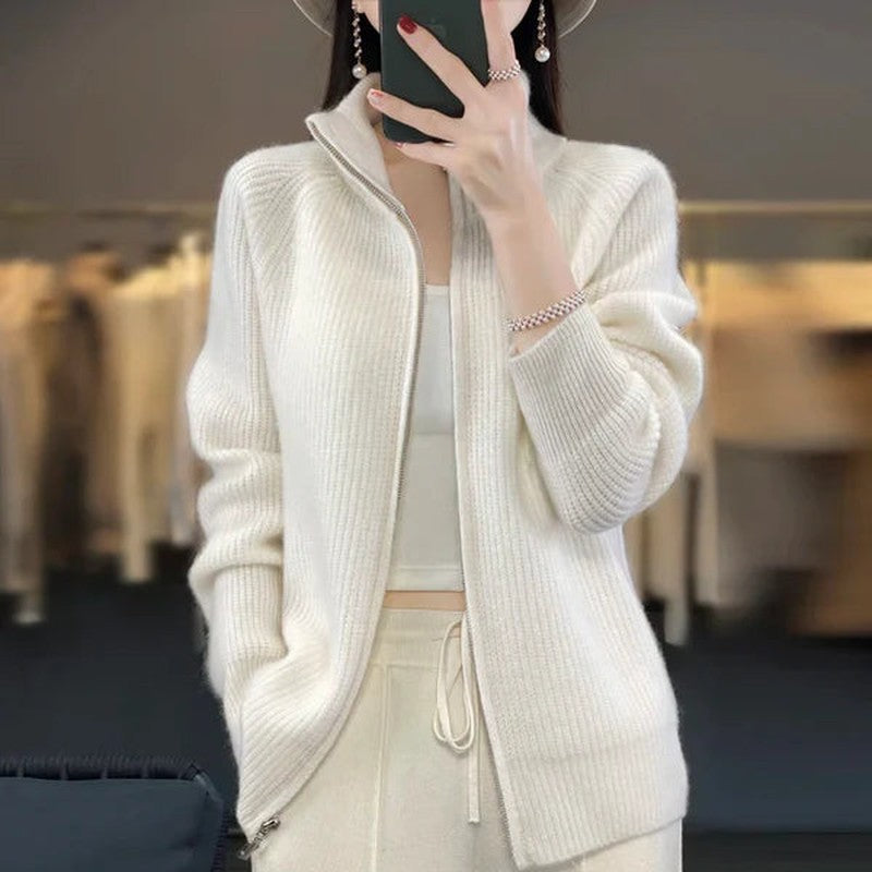 Women's Zip Up Knit Cardigan in White