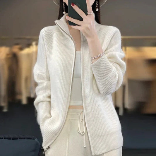 Women's Zip Up Knit Cardigan in White
